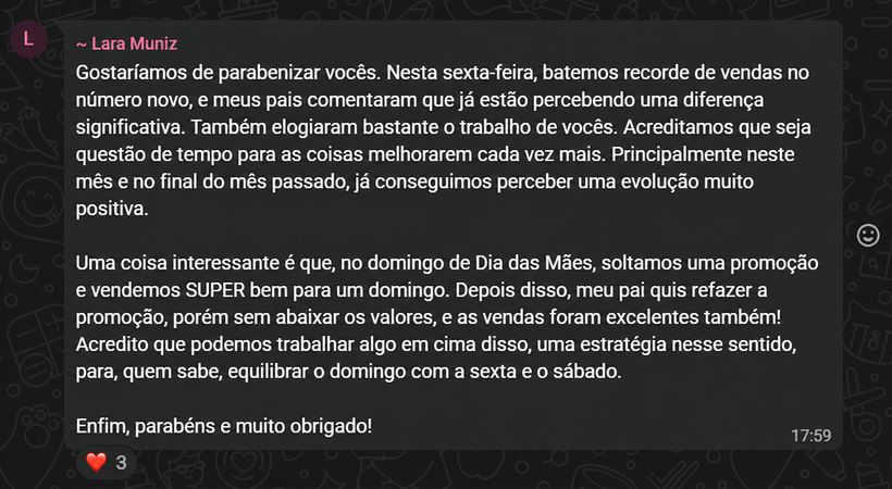 Feedback sobre recorde de vendas